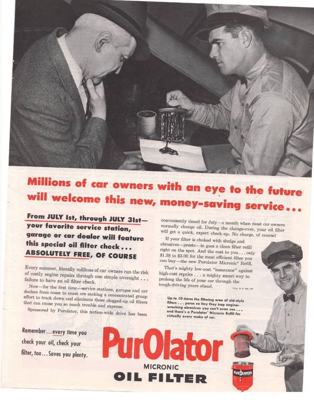 Vintage Original Purolator Magazine Advertisement 1951 Automobilia Petroliana